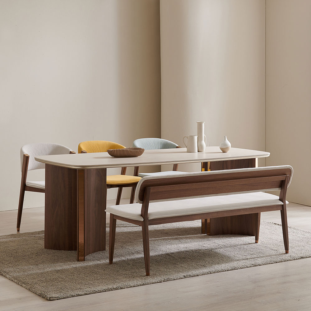 스코나 코티지 포세린 세라믹 월넛 2000 6인 다이닝 식탁세트(벤치1개+의자3개)