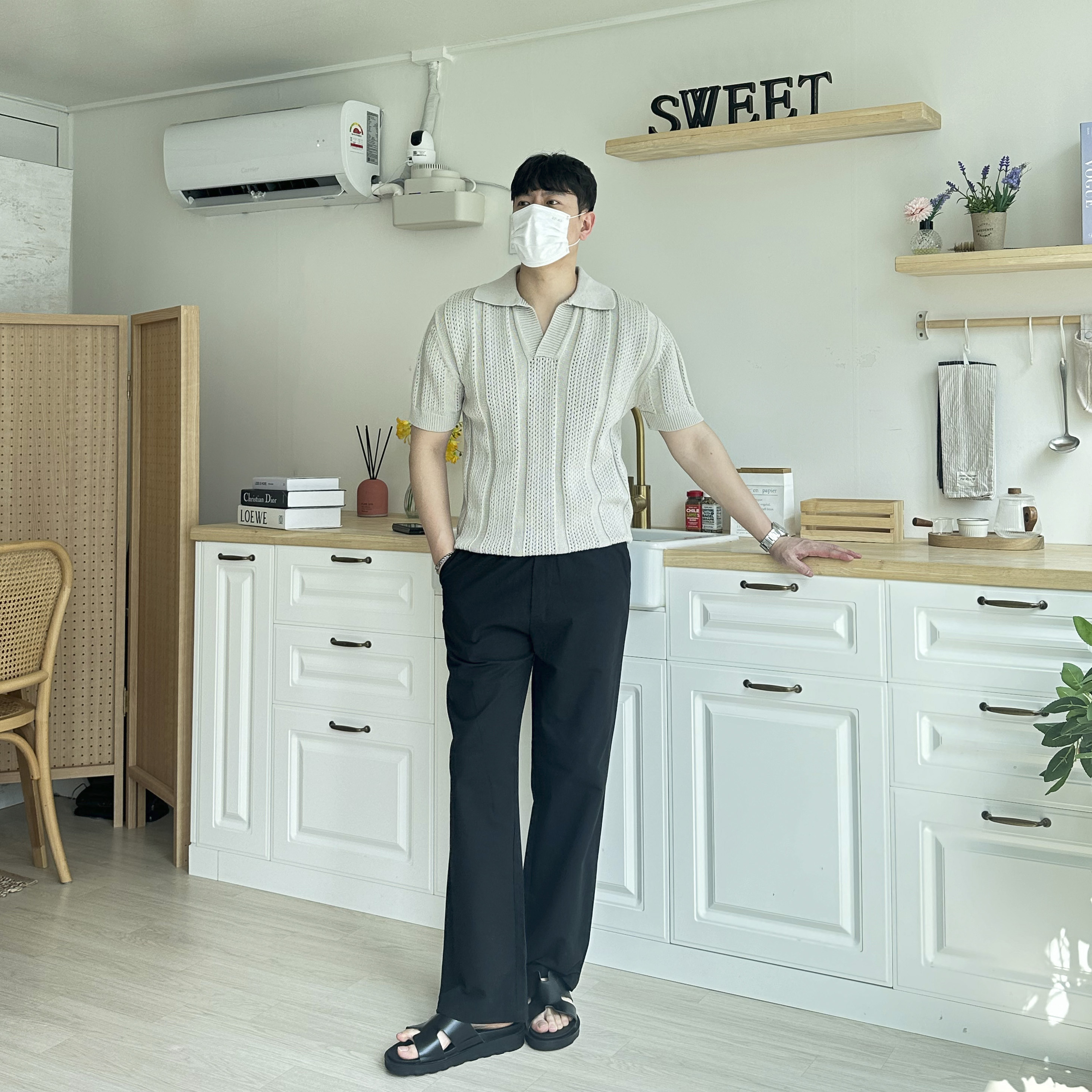 남자 크로쉐 반팔니트 펀팅 그물 망사 시스루 와플 워셔블 카라 반팔 니트티 4color - 상세 이미지 5