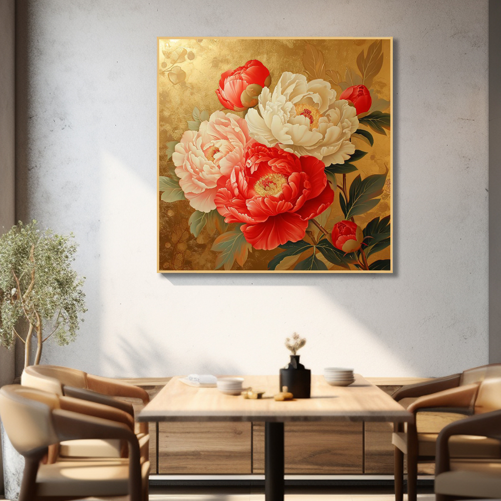 부귀 모란 45x45cm 무광화이트 알루미늄액자 모란꽃그림 - 상세 이미지 2