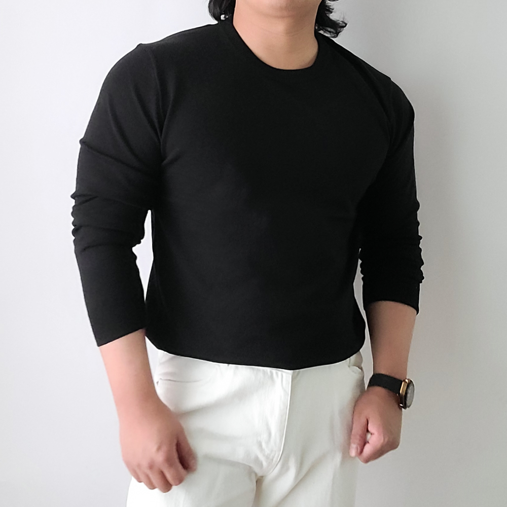 남자 흰색 코발트블루 초록색 베이지 머슬핏 라운드 긴팔 니트 - 상세 이미지 2
