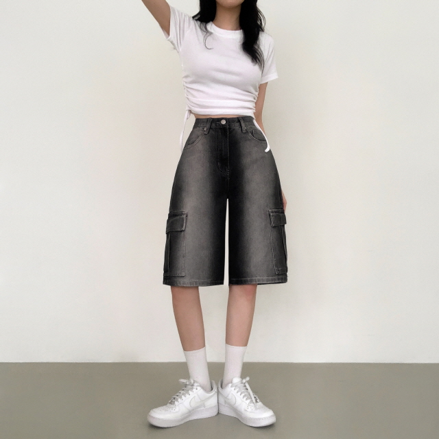 [3단기장/~2XL/하프기장] 잿블 힙 워싱 와이드 카고 버뮤다 여름 5부 청 반바지 데님 팬츠 상세 이미지 21