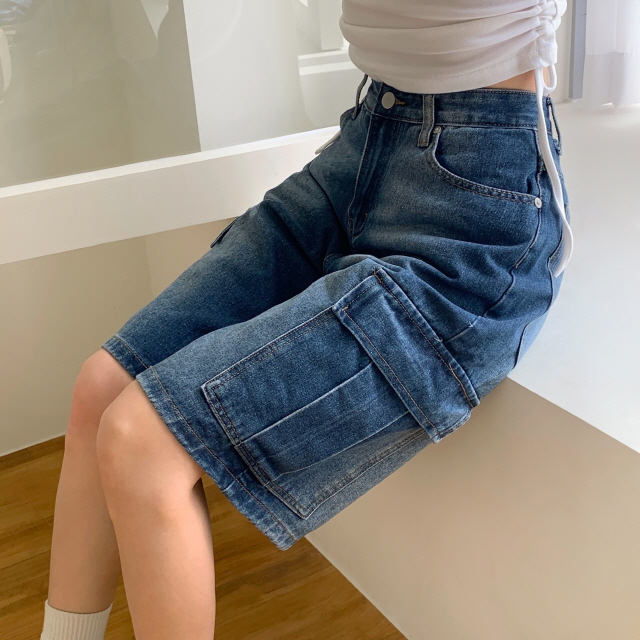[3단기장/~2XL/하프기장] 잿블 힙 워싱 와이드 카고 버뮤다 여름 5부 청 반바지 데님 팬츠 상세 이미지 13