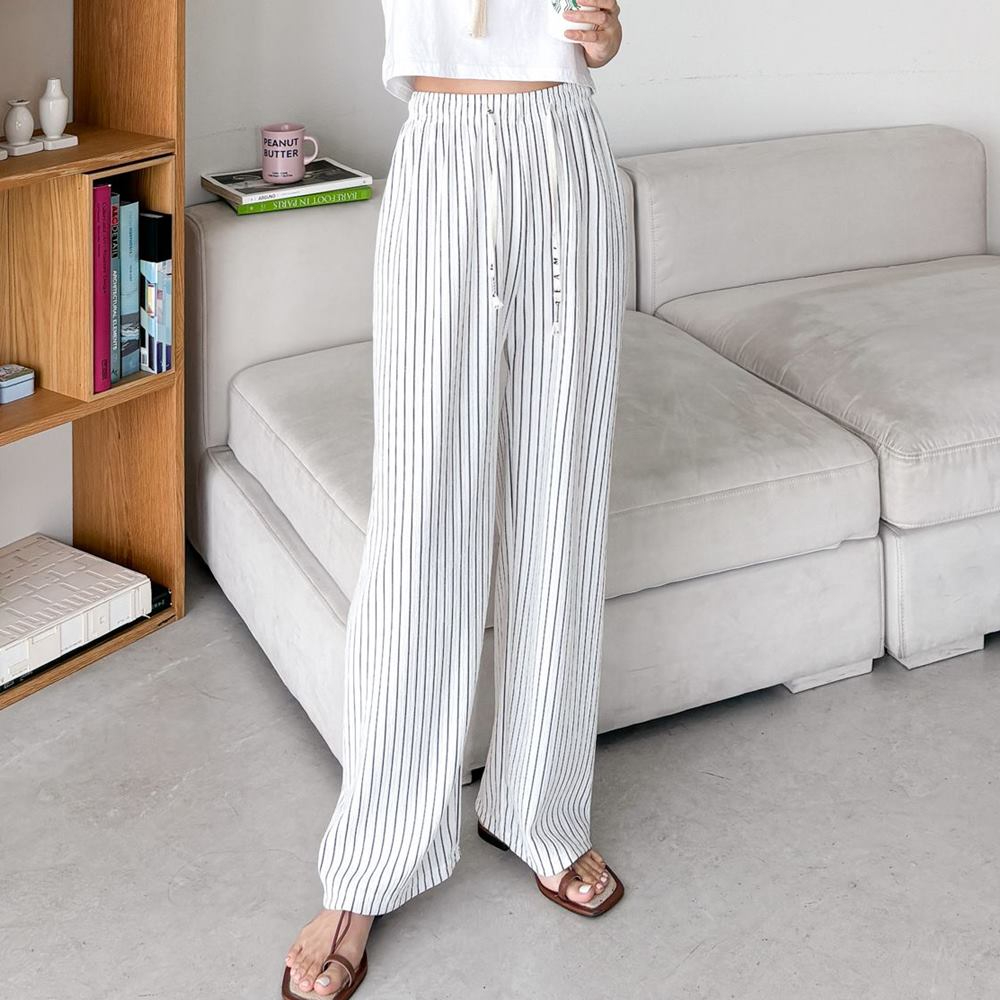 여성 플리츠 바지 스트라이프 주름 고무줄 밴딩 - 상세 이미지 2