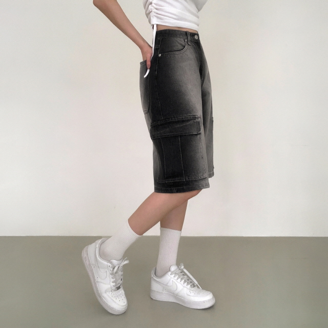 [3단기장/~2XL/하프기장] 잿블 힙 워싱 와이드 카고 버뮤다 여름 5부 청 반바지 데님 팬츠 상세 이미지 19