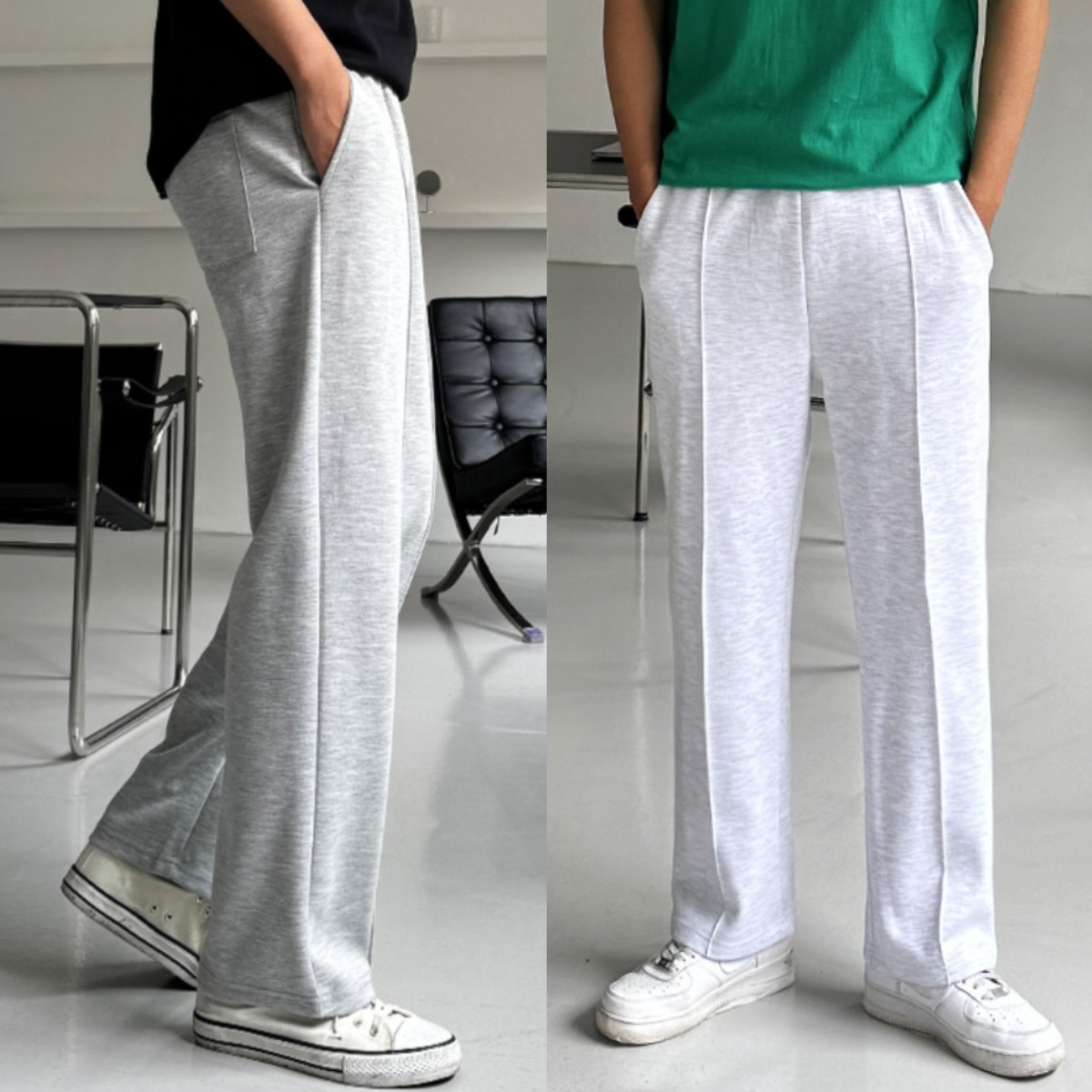 남자 르도 봄 가을 코튼 핀턱 세미와이드 트레이닝팬츠