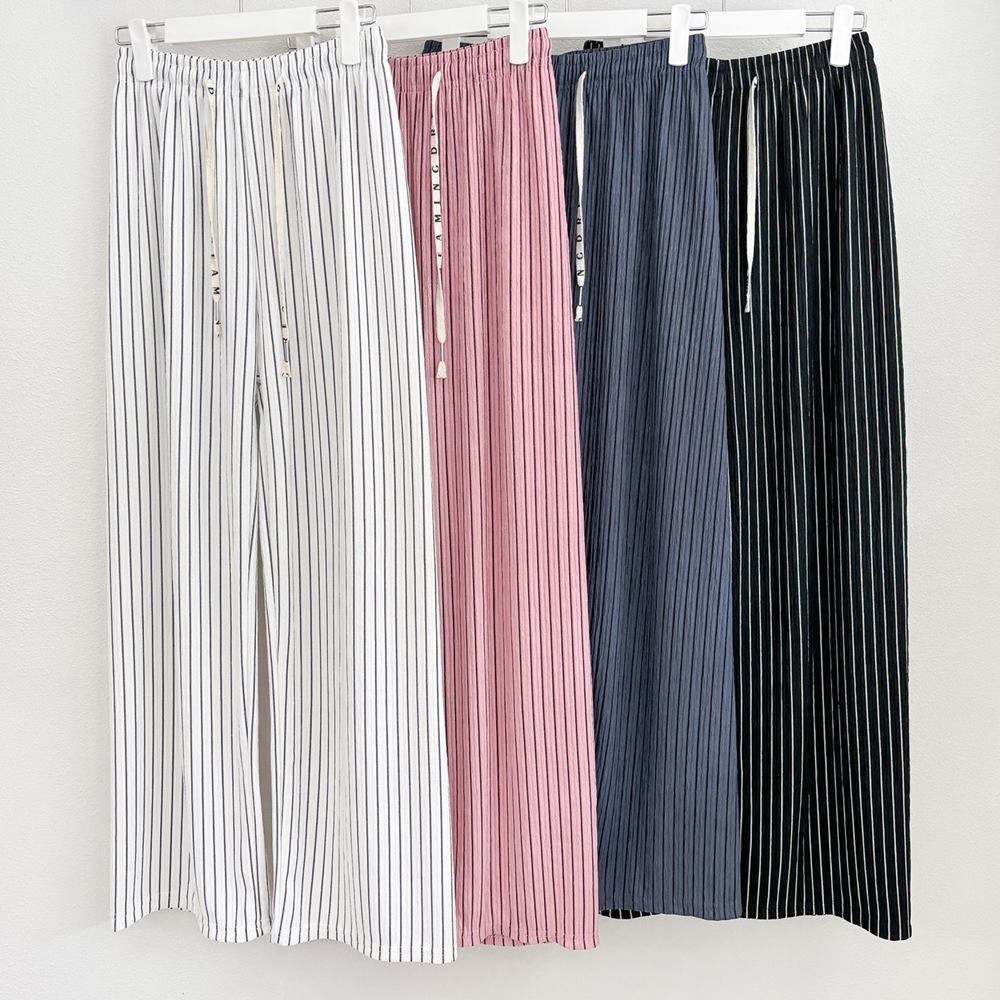 여성 플리츠 바지 스트라이프 주름 고무줄 밴딩