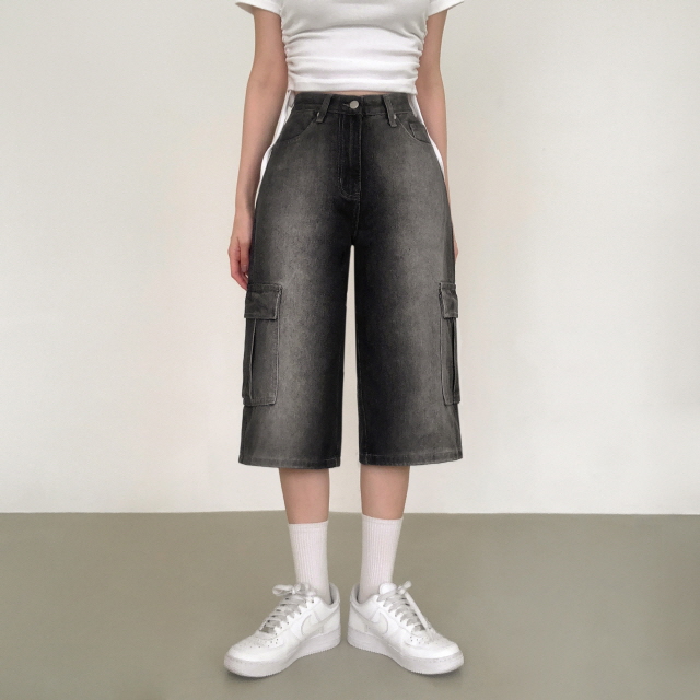 [3단기장/~2XL/하프기장] 잿블 힙 워싱 와이드 카고 버뮤다 여름 5부 청 반바지 데님 팬츠 상세 이미지 51