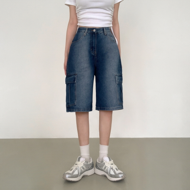 [3단기장/~2XL/하프기장] 잿블 힙 워싱 와이드 카고 버뮤다 여름 5부 청 반바지 데님 팬츠 상세 이미지 2