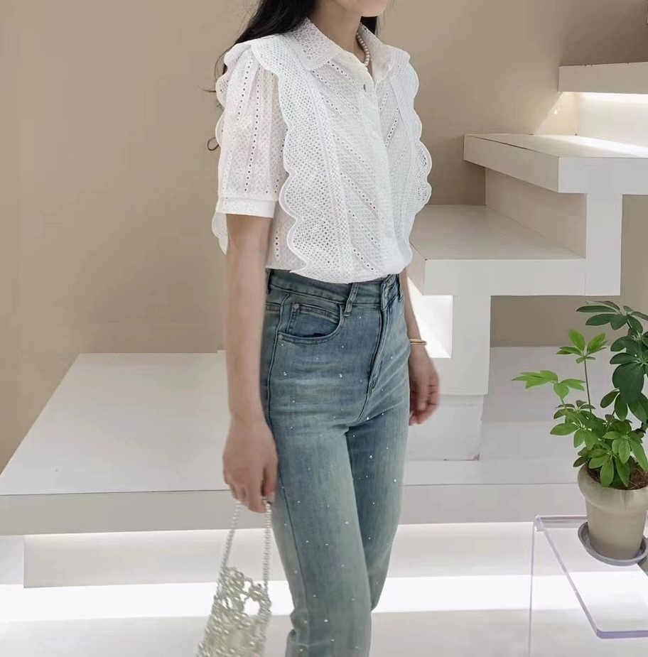 여자여자몰 레이스카라 자수펀칭 양날개레이스 코튼반팔블라우스 캐쥬얼 여성셔츠 여름상의 이미지 3