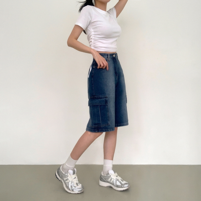 [3단기장/~2XL/하프기장] 잿블 힙 워싱 와이드 카고 버뮤다 여름 5부 청 반바지 데님 팬츠 상세 이미지 7