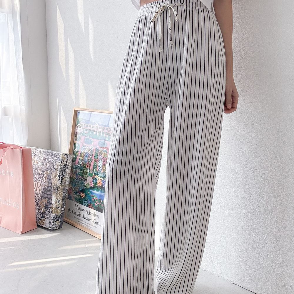 여성 플리츠 바지 스트라이프 주름 고무줄 밴딩 - 상세 이미지 3