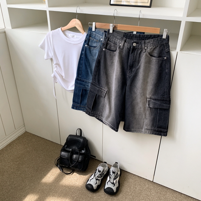 [3단기장/~2XL/하프기장] 잿블 힙 워싱 와이드 카고 버뮤다 여름 5부 청 반바지 데님 팬츠 상세 이미지 35