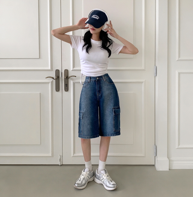 [3단기장/~2XL/하프기장] 잿블 힙 워싱 와이드 카고 버뮤다 여름 5부 청 반바지 데님 팬츠 상세 이미지 15