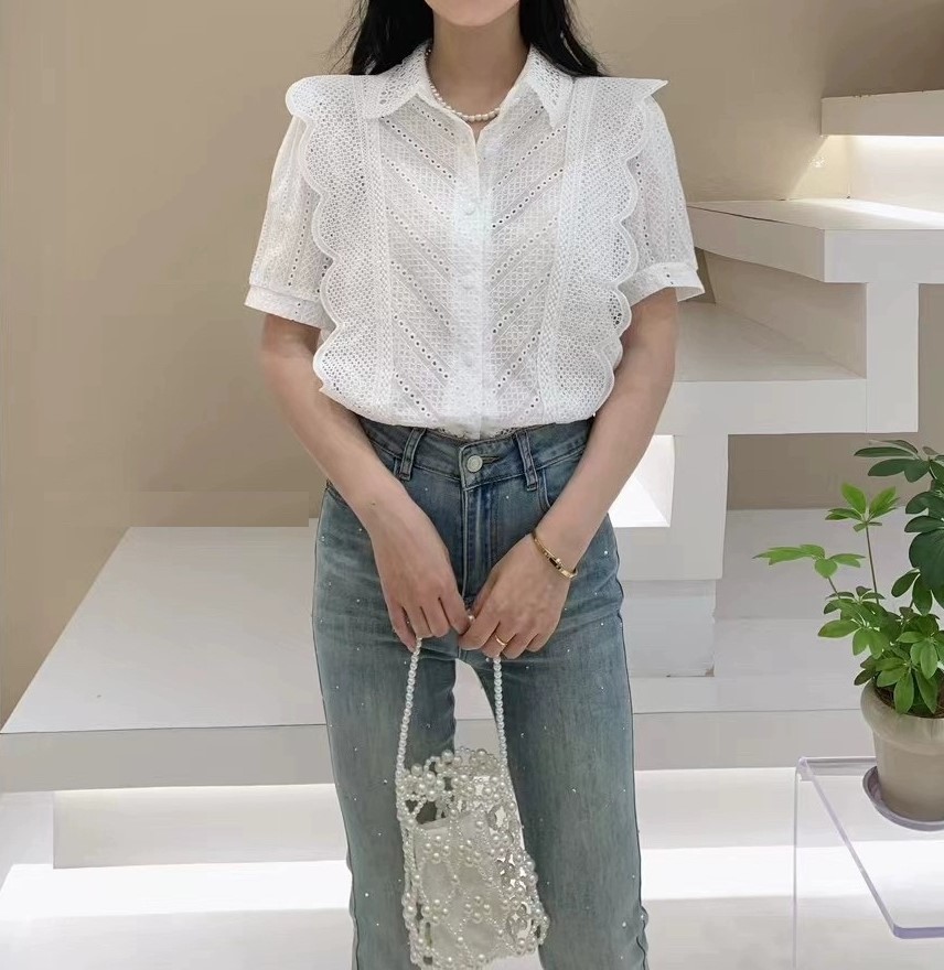 여자여자몰 레이스카라 자수펀칭 양날개레이스 코튼반팔블라우스 캐쥬얼 여성셔츠 여름상의 이미지 4