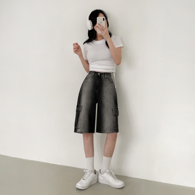 [3단기장/~2XL/하프기장] 잿블 힙 워싱 와이드 카고 버뮤다 여름 5부 청 반바지 데님 팬츠 상세 이미지 24