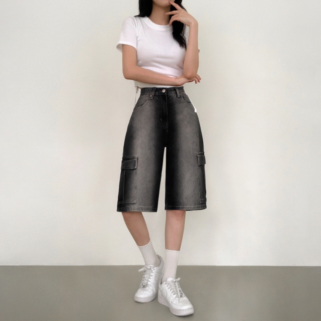 [3단기장/~2XL/하프기장] 잿블 힙 워싱 와이드 카고 버뮤다 여름 5부 청 반바지 데님 팬츠 상세 이미지 22