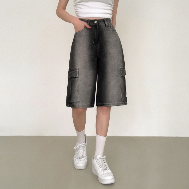 [3단기장/~2XL/하프기장] 잿블 힙 워싱 와이드 카고 버뮤다 여름 5부 청 반바지 데님 팬츠 상세 이미지 18