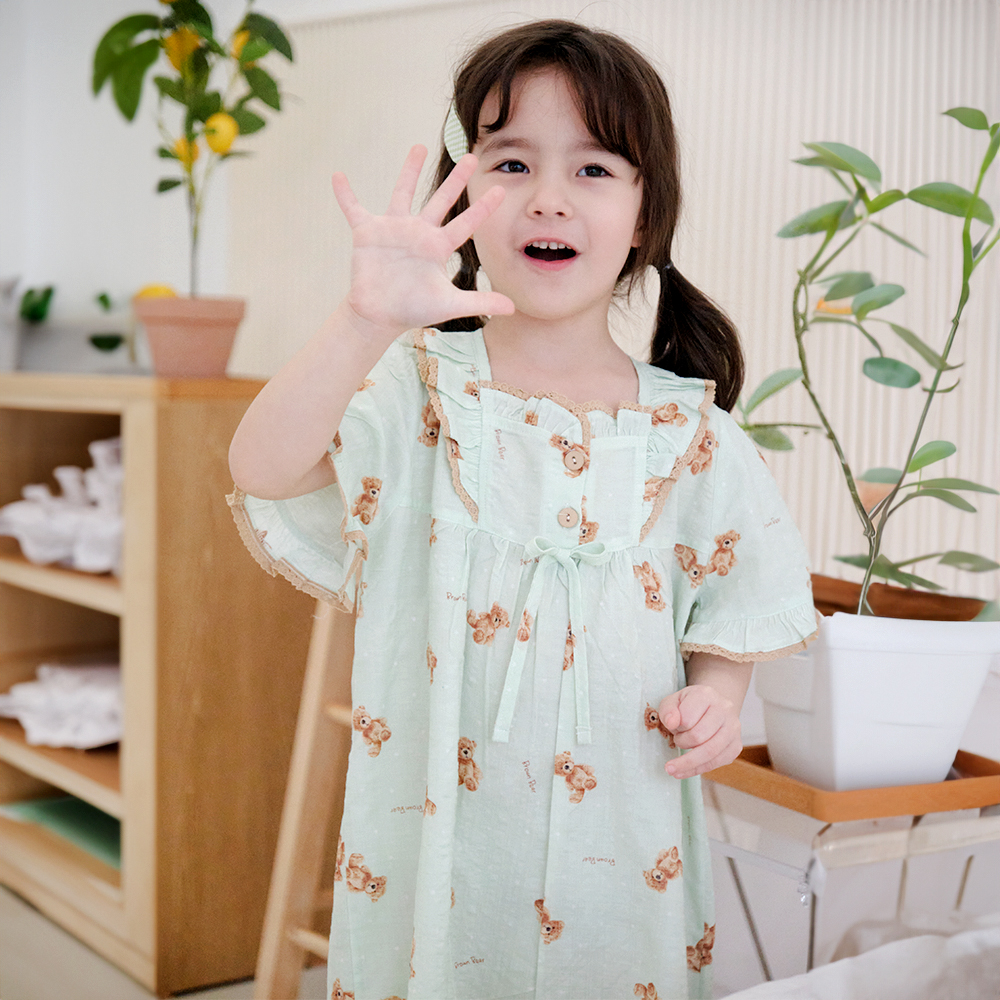 여아 롱 원피스 잠옷 유아 아동 공주 파자마 곰돌이 민트곰D(면) 이미지 6