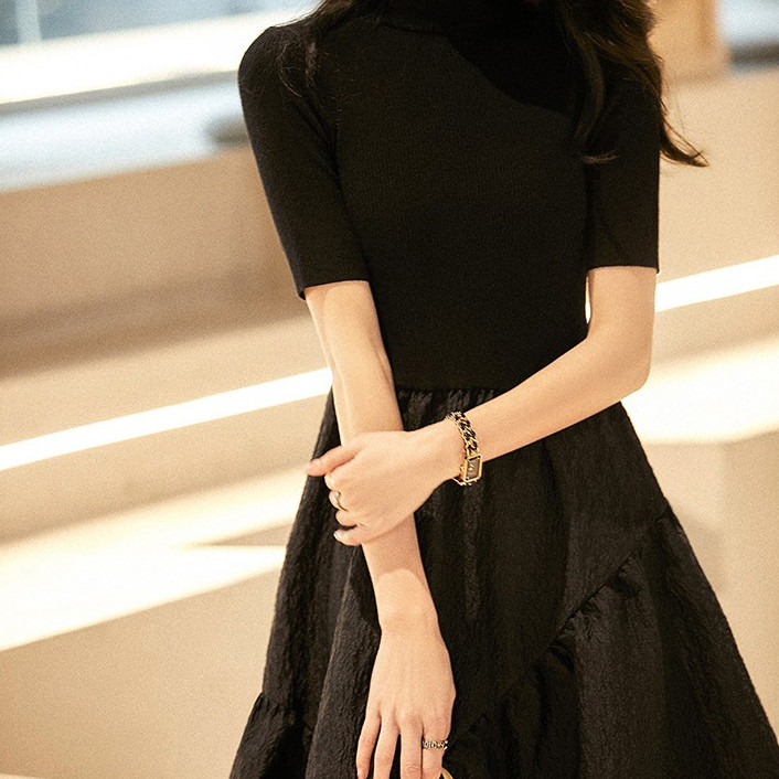 러블리해라 데이트 자가드 여름 블랙 반팔 롱 하객룩 돌잔치 상견례원피스