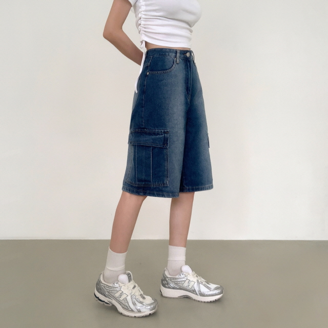 [3단기장/~2XL/하프기장] 잿블 힙 워싱 와이드 카고 버뮤다 여름 5부 청 반바지 데님 팬츠 상세 이미지 4