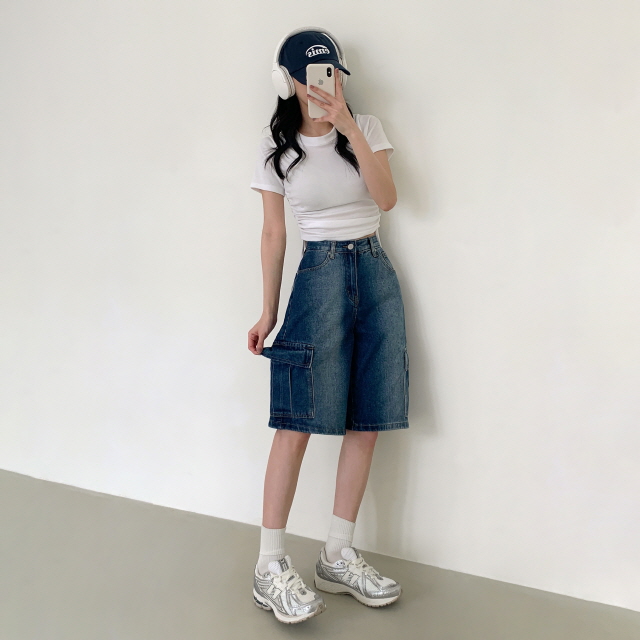 [3단기장/~2XL/하프기장] 잿블 힙 워싱 와이드 카고 버뮤다 여름 5부 청 반바지 데님 팬츠 상세 이미지 10
