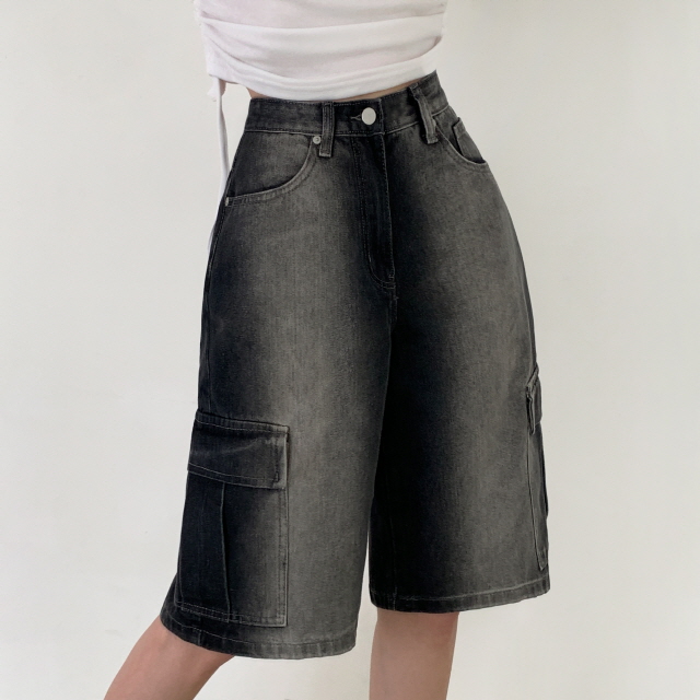[3단기장/~2XL/하프기장] 잿블 힙 워싱 와이드 카고 버뮤다 여름 5부 청 반바지 데님 팬츠 상세 이미지 27