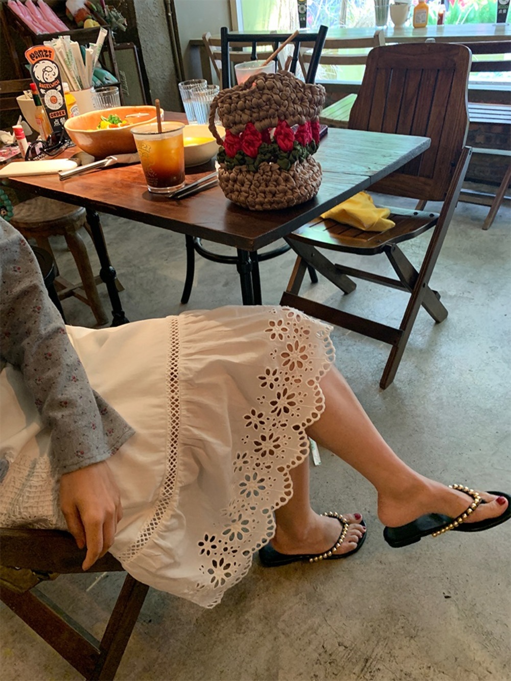 펀칭 순면 롱스커트 플라워 빈티지 고급 레이어드 데이트 휴가룩 화이트 - 상세 이미지 2