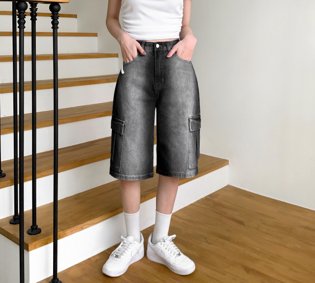 [3단기장/~2XL/하프기장] 잿블 힙 워싱 와이드 카고 버뮤다 여름 5부 청 반바지 데님 팬츠 상세 이미지 30
