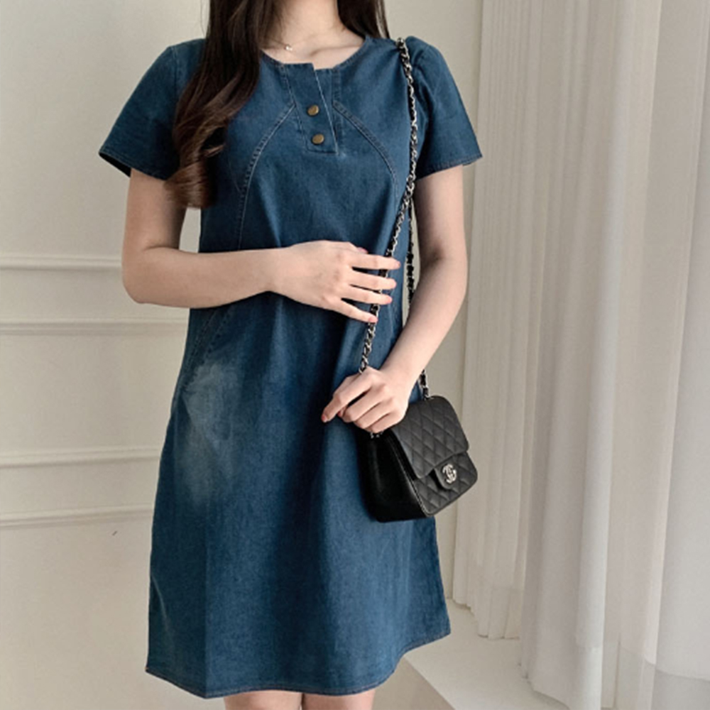 데님 원피스 여자 청치마 여성 미니 스커트 청 반팔 여름 봄 가을 데이트 룩 20대 진청 - 상품 이미지