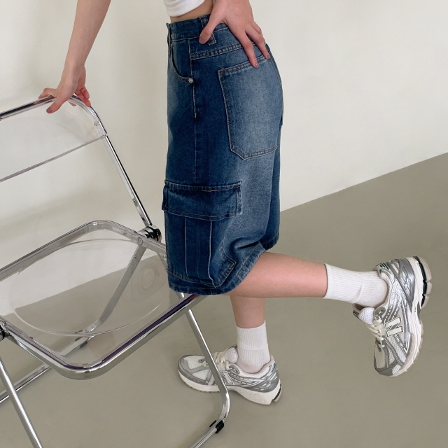 [3단기장/~2XL/하프기장] 잿블 힙 워싱 와이드 카고 버뮤다 여름 5부 청 반바지 데님 팬츠 상세 이미지 14