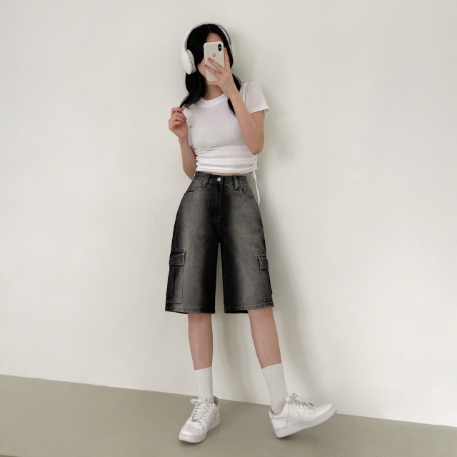 [3단기장/~2XL/하프기장] 잿블 힙 워싱 와이드 카고 버뮤다 여름 5부 청 반바지 데님 팬츠 상세 이미지 25