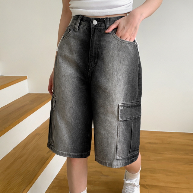 [3단기장/~2XL/하프기장] 잿블 힙 워싱 와이드 카고 버뮤다 여름 5부 청 반바지 데님 팬츠 상세 이미지 32