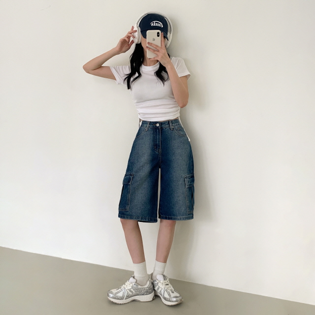 [3단기장/~2XL/하프기장] 잿블 힙 워싱 와이드 카고 버뮤다 여름 5부 청 반바지 데님 팬츠 상세 이미지 9