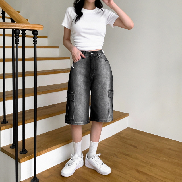 [3단기장/~2XL/하프기장] 잿블 힙 워싱 와이드 카고 버뮤다 여름 5부 청 반바지 데님 팬츠 상세 이미지 31