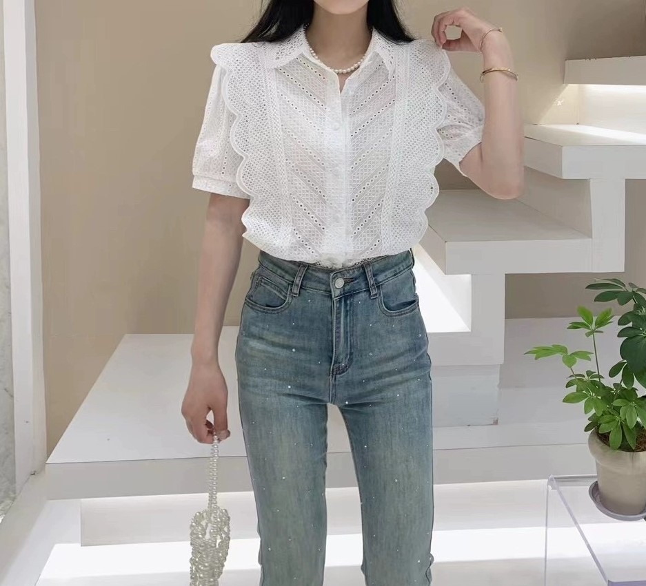 여자여자몰 레이스카라 자수펀칭 양날개레이스 코튼반팔블라우스 캐쥬얼 여성셔츠 여름상의 이미지 2