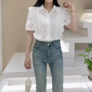 여자여자몰 레이스카라 자수펀칭 양날개레이스 코튼반팔블라우스 캐쥬얼 여성셔... 착용 후기 | 사이즈/핏 총정리 - 상품 이미지 2
