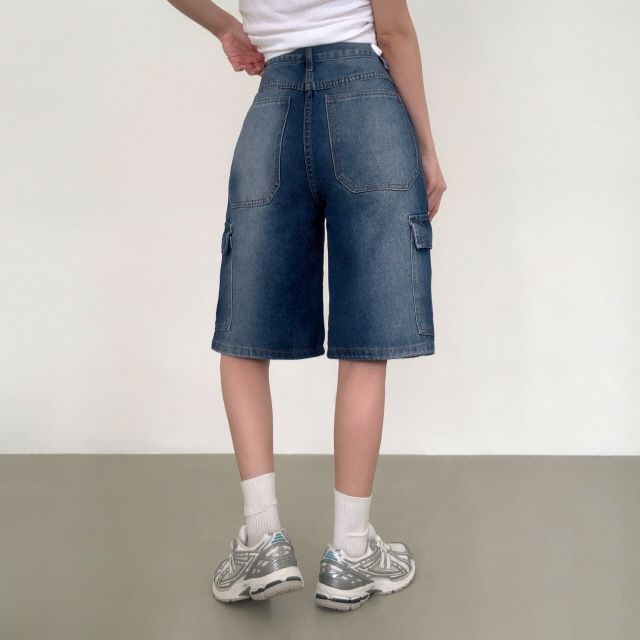 [3단기장/~2XL/하프기장] 잿블 힙 워싱 와이드 카고 버뮤다 여름 5부 청 반바지 데님 팬츠 상세 이미지 6