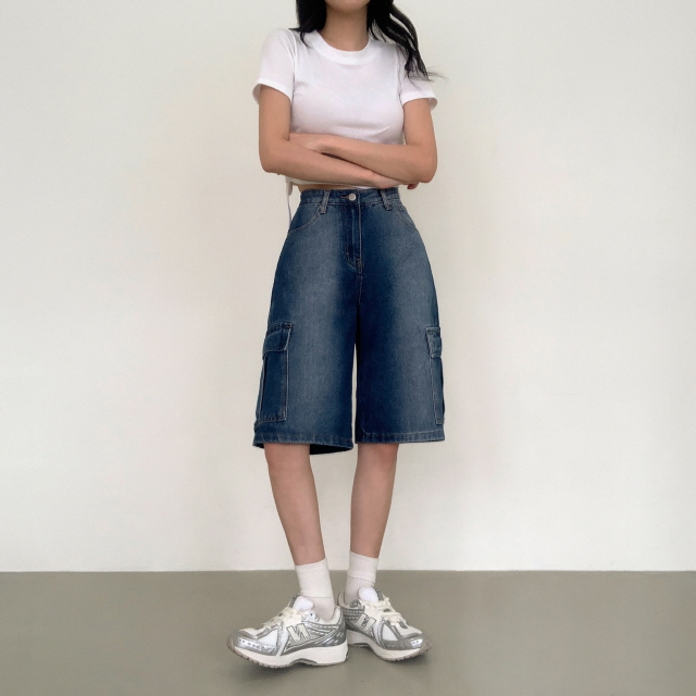 [3단기장/~2XL/하프기장] 잿블 힙 워싱 와이드 카고 버뮤다 여름 5부 청 반바지 데님 팬츠 상세 이미지 8