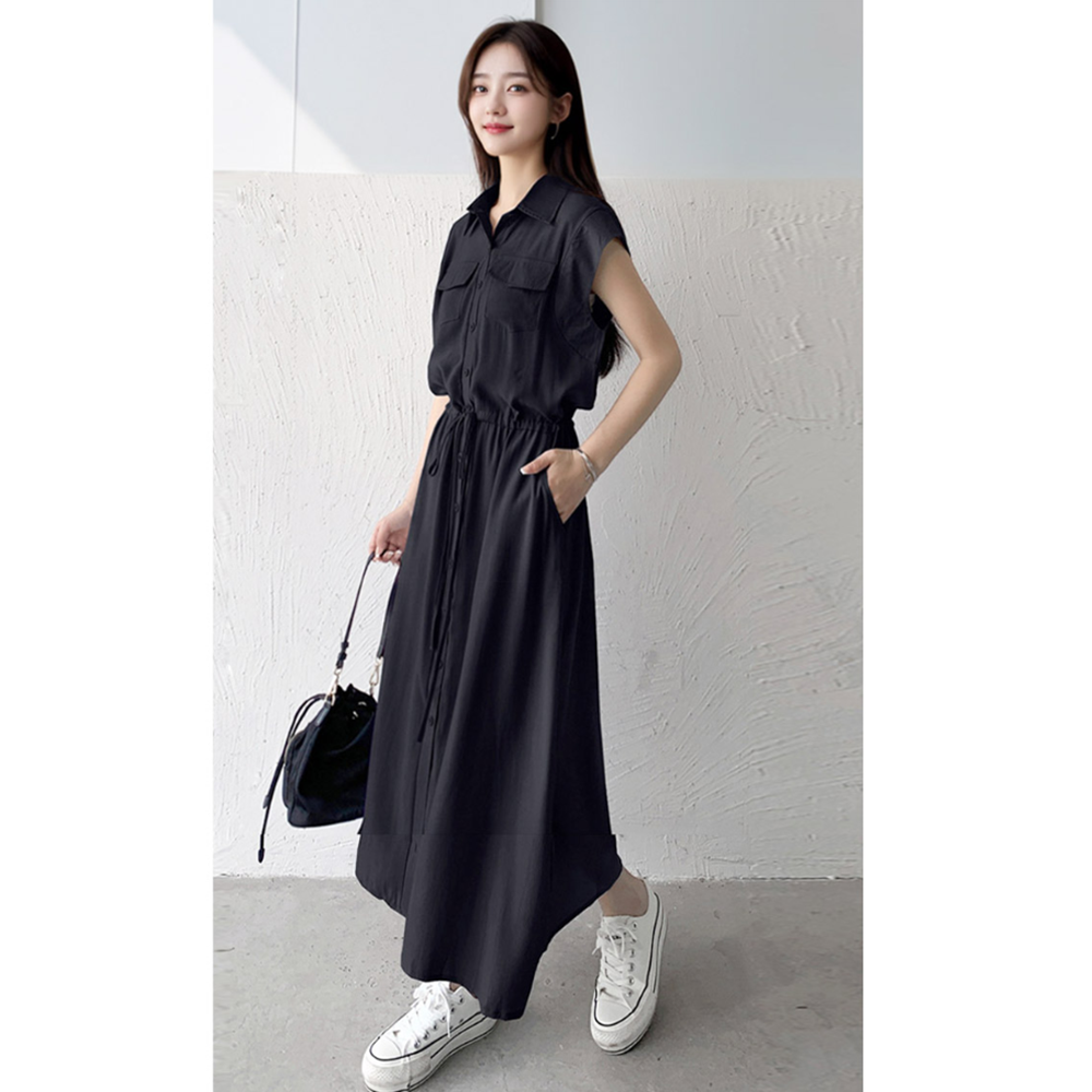 엄마문센룩 맘등원룩 등하원룩 여름 민소매 카라롱블랙원피스 - 상세 이미지 3