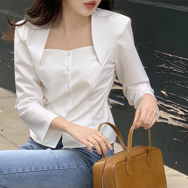 (허리잘록핏♥7부백라인스트랩) 비엔트 스퀘어넥 여리핏 7부 블라우스 bs7883 - 메인 이미지