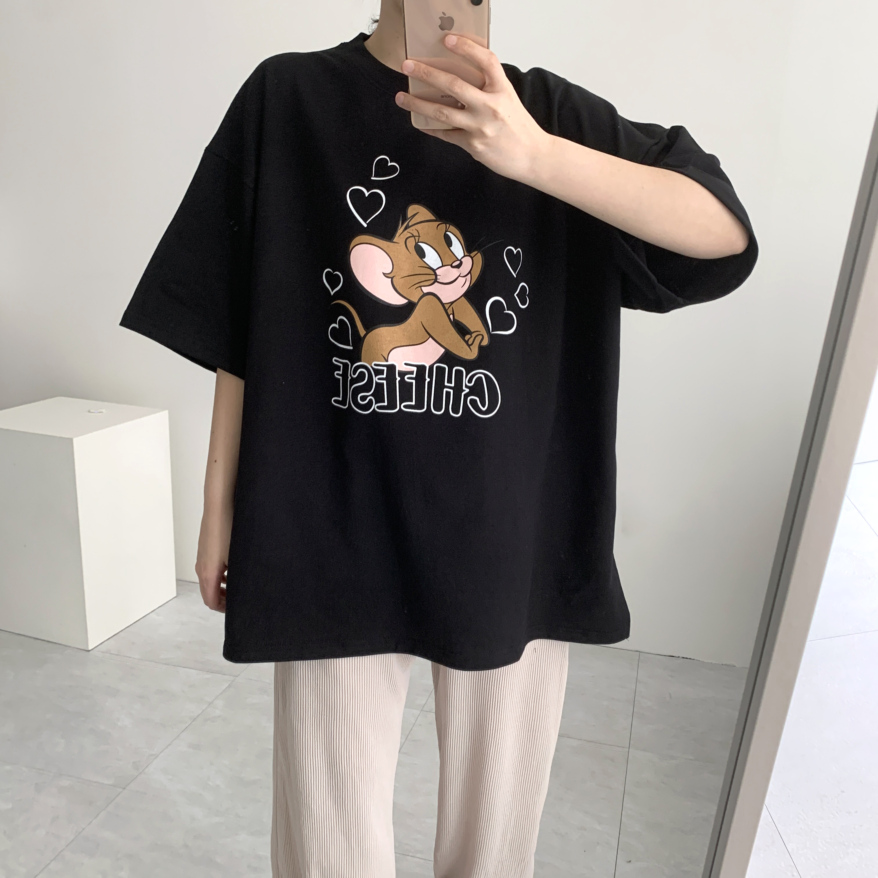 하트제리 프린팅 빅사이즈 오버핏 트임 반팔 롱 티셔츠 이미지 6