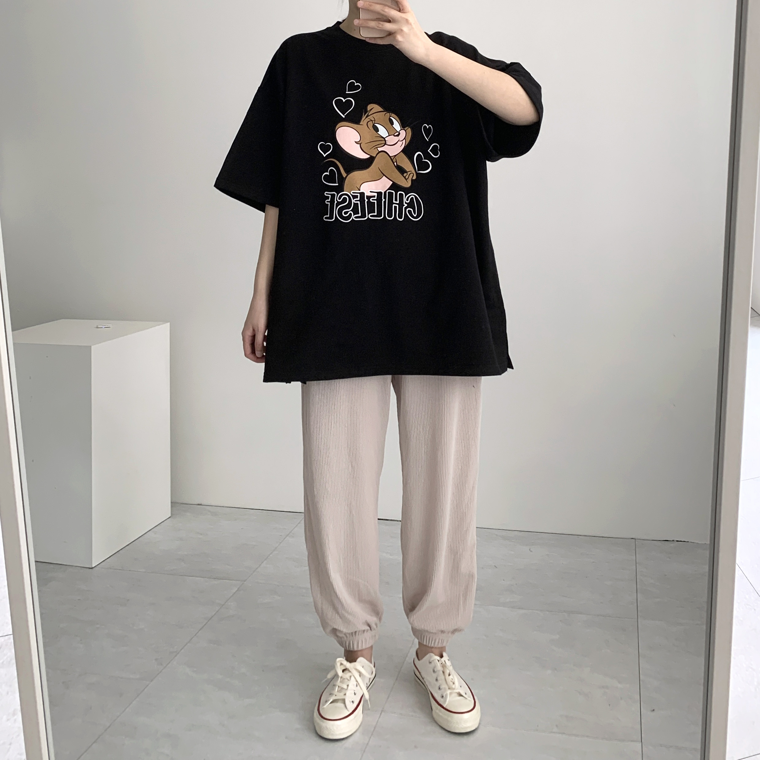 하트제리 프린팅 빅사이즈 오버핏 트임 반팔 롱 티셔츠 이미지 7