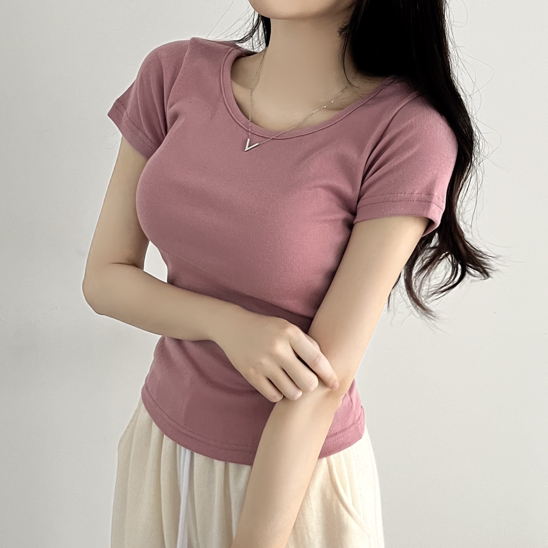 레이어드 흰티 세미크롭 여자 반팔티 이너 티셔츠 로즈핑크, FREE(One size)