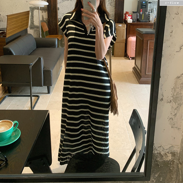 안르 스트라이프 카라넥 니트 롱 원피스 2col 여름 봄 루즈핏 브이넥 반팔 제이플로우 이미지 6