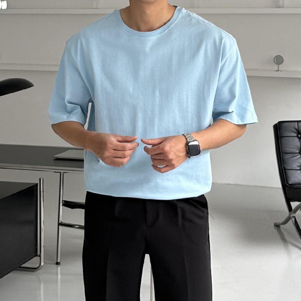 1+1 남자 바도 오버핏 여름 무지 절개 코튼 반팔티 - 메인 이미지