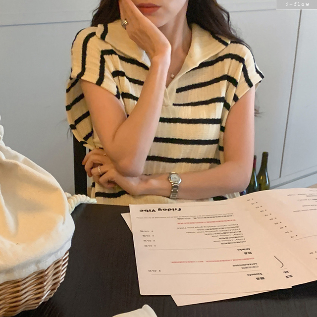 안르 스트라이프 카라넥 니트 롱 원피스 2col 여름 봄 루즈핏 브이넥 반팔 제이플로우 - 상세 이미지 3