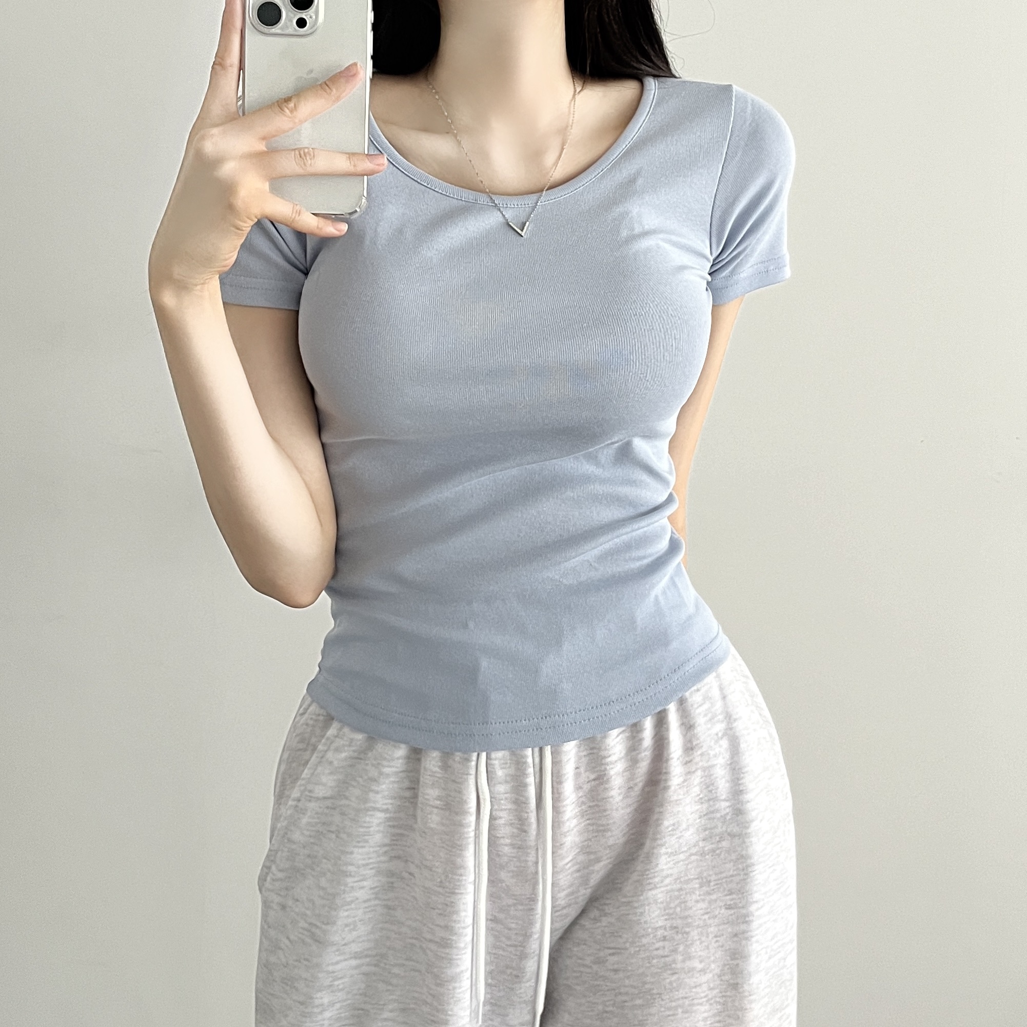 레이어드 흰티 세미크롭 여자 반팔티 이너 티셔츠 소라, FREE(One size)