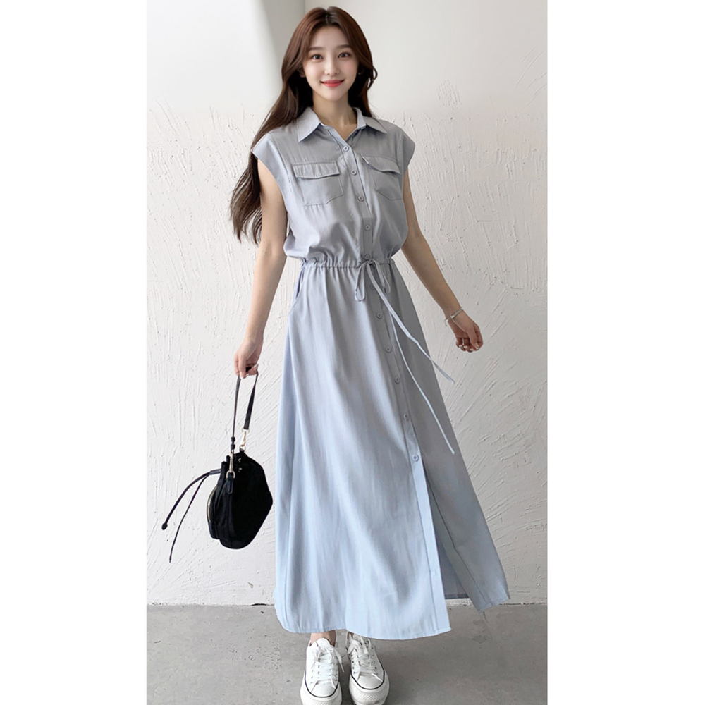 엄마문센룩 맘등원룩 등하원룩 여름 민소매 카라롱블랙원피스 이미지 7