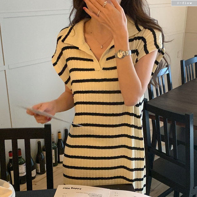 안르 스트라이프 카라넥 니트 롱 원피스 2col 여름 봄 루즈핏 브이넥 반팔 제이플로우 이미지 7