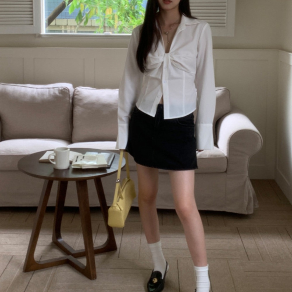 브이넥 허리 슬리밍 꼬임 유니크 크롭 셔링 블라우스 셔츠 힙한 디자인 - 상품 이미지